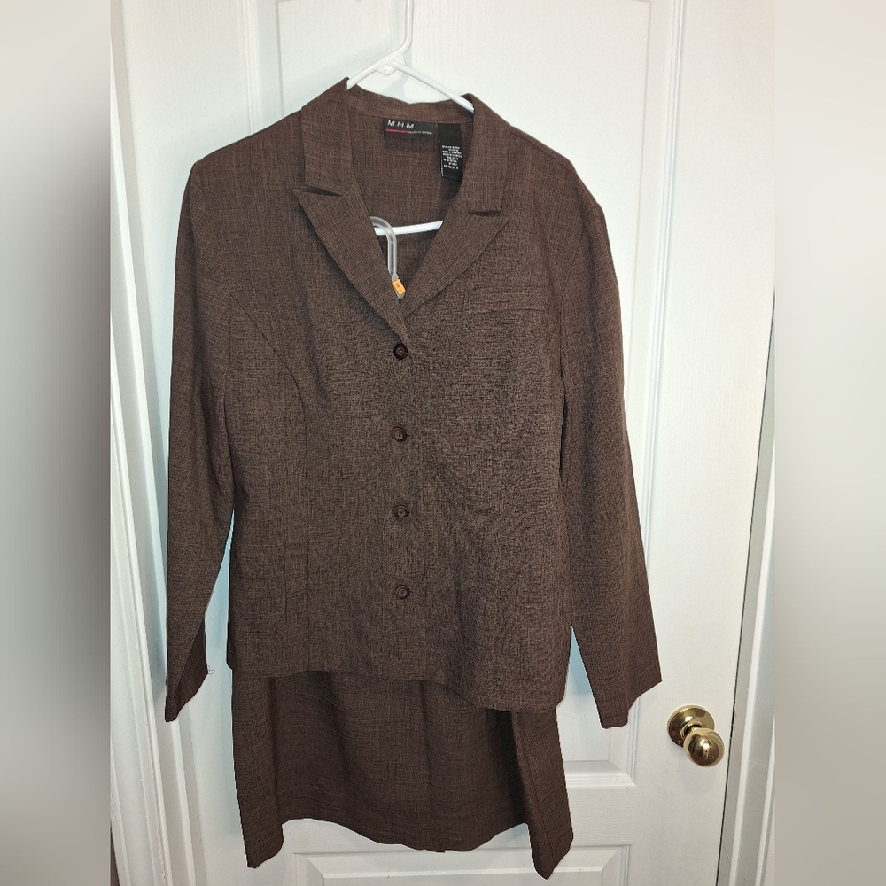 M. H. M. Melissa Harper / dark purple with a black 2 piece skirt suit /…